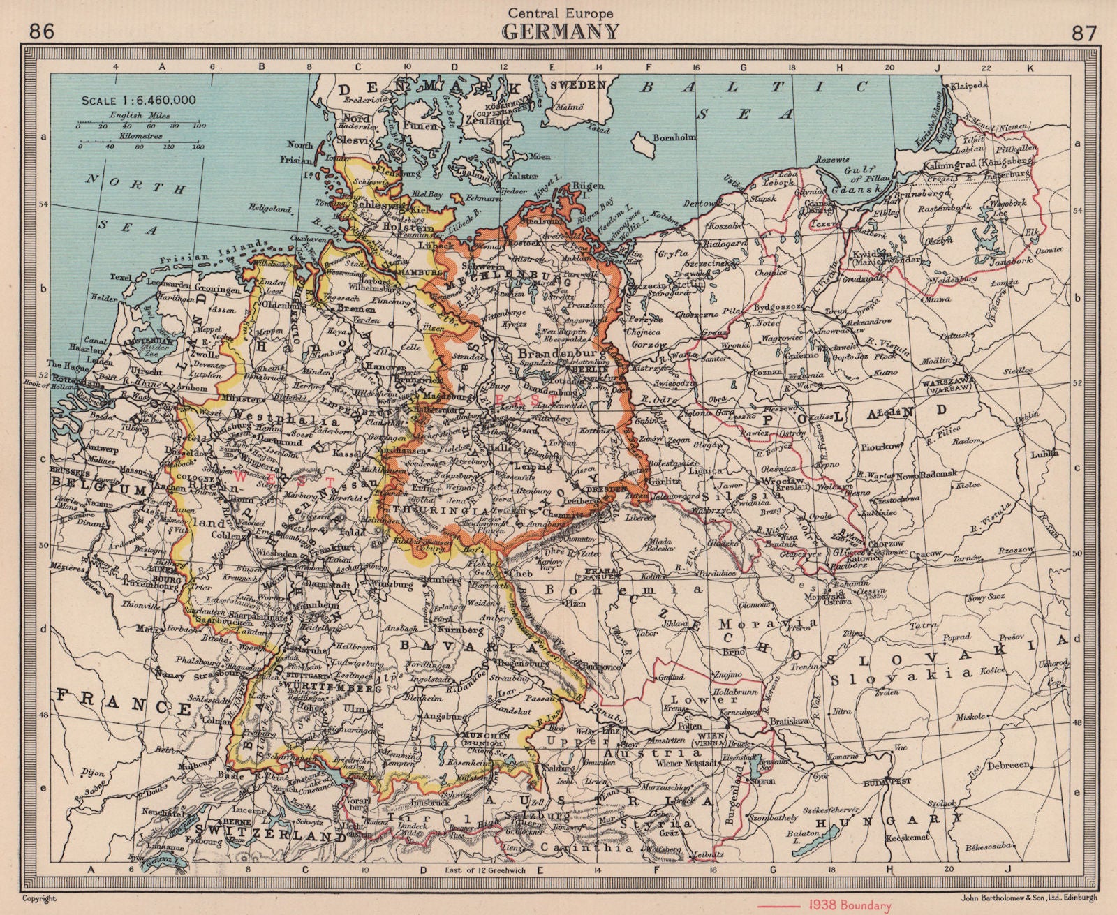 West & East Germany. 1938 borders in red. BARTHOLOMEW 1949 old vintage map